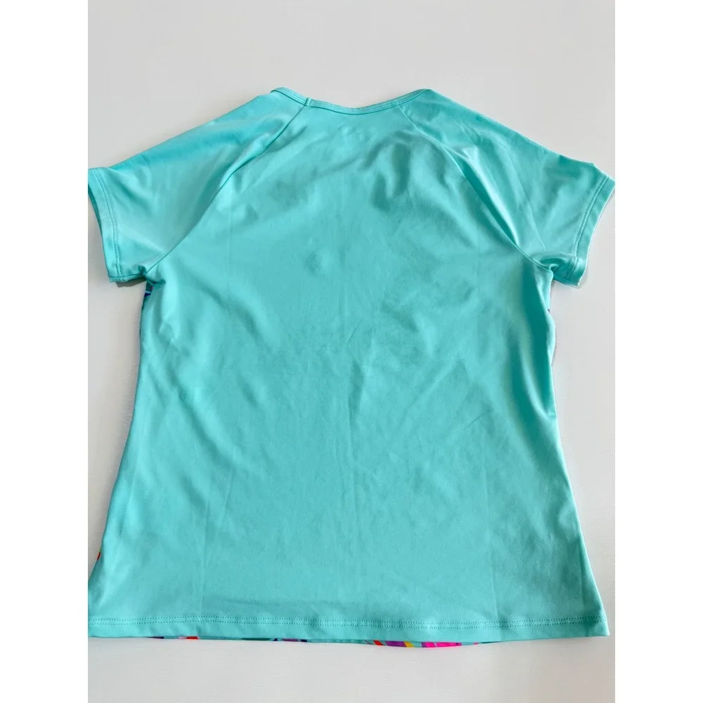 Lands End Kids Tropical Floral Rash Guard Swim Shirt Turquoise L 10-12 Beachwear